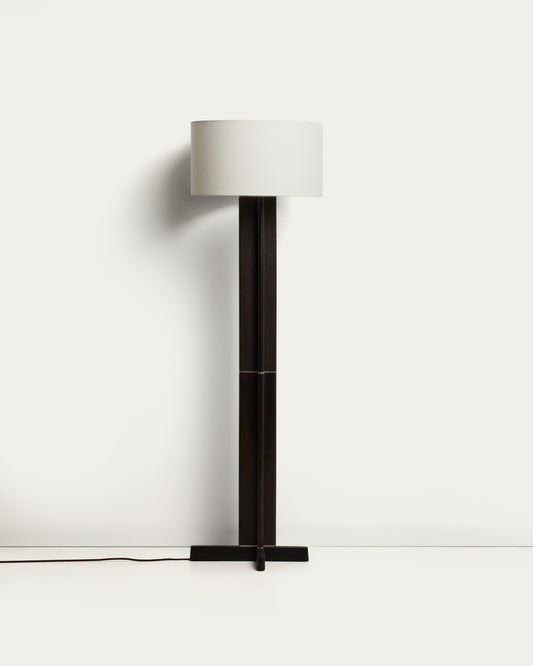 Lampadaire Niani en bois d’hévéa, finition foncée et abat-jour en coton couleur ivoire