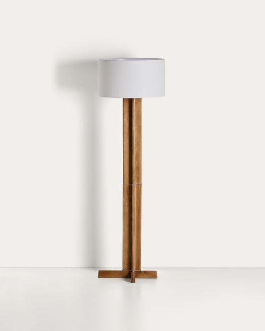 Lampadaire Niani en bois d’hévéa, finition ton naturel et abat-jour en coton couleur ivoire