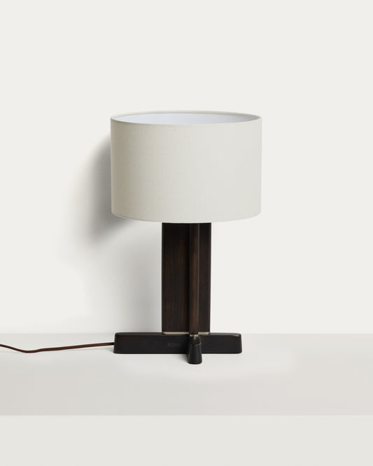 Lampe de table Niani en bois d’hévéa, finition foncée et abat-jour en coton couleur ivoire Ø 30 cm