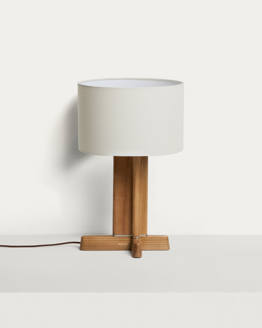 Lampe de table Niani en bois d’hévéa, finition ton naturel et abat-jour en coton couleur ivoire Ø 30 cm