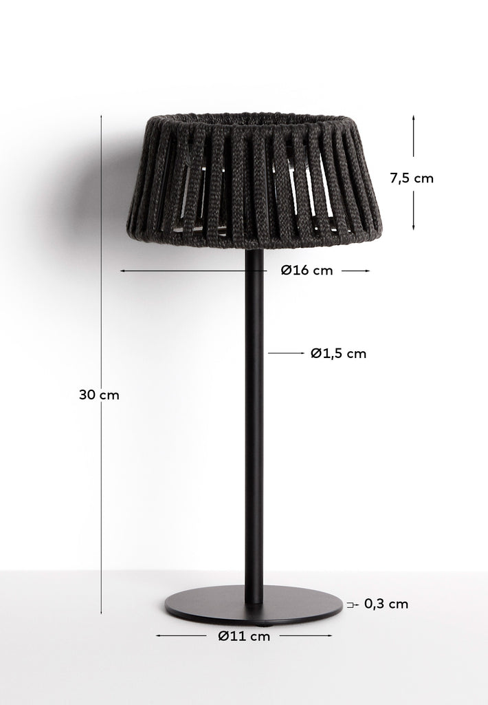 Lampe de table solaire d’extérieur Aldet en corde plate et pied en métal noir