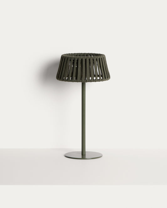 Lampe de table solaire d’extérieur Aldet en corde plate et pied en métal vert