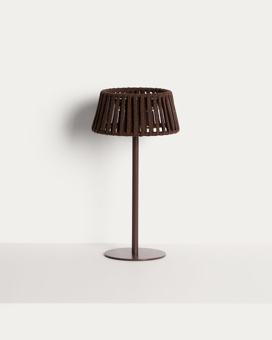 Lampe de table solaire d’extérieur Aldet en corde plate et pied en métal marron