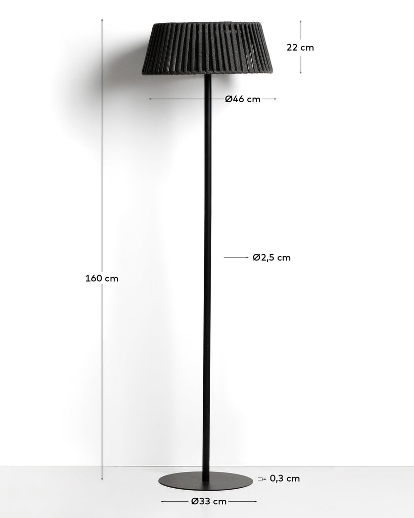 Lampadaire solaire d’extérieur Aldet en corde plate et pied en métal noir Ø 46 cm