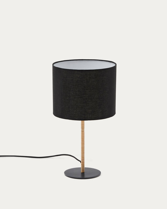 Lampe de table Pina en métal et rotin avec abat-jour en coton noir