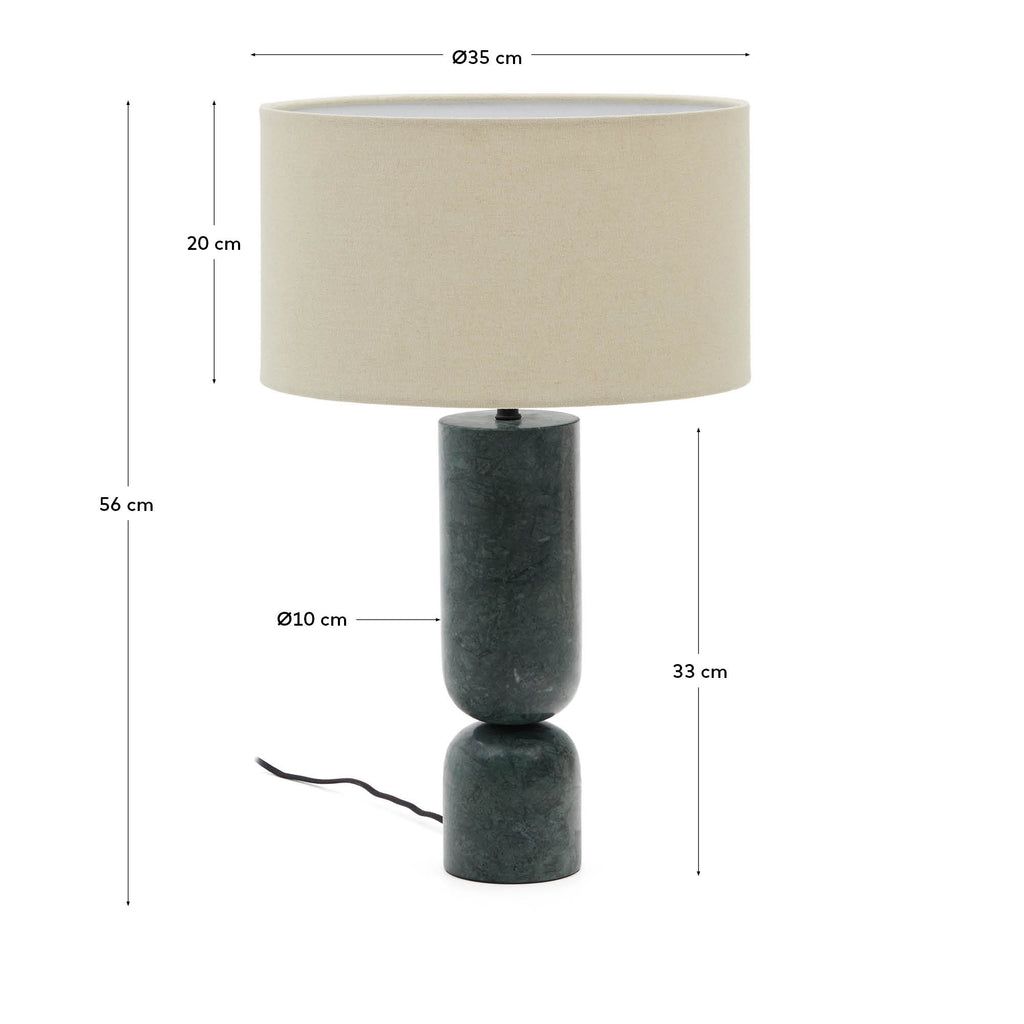 Lampe de table Vex en marbre vert et abat-jour en lin gris.
