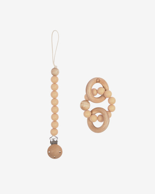 Lot Epiphany d'une attache-tétine et anneau de dentition en silicone beige et bois