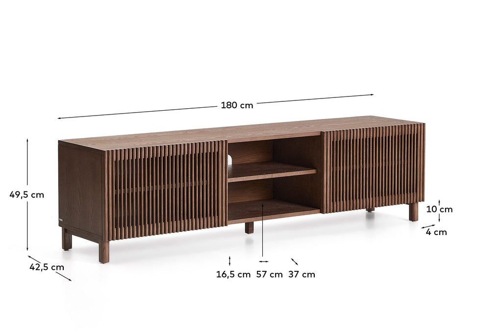 Meuble TV Beyla à 2 portes en placage et bois massif de frêne avec finition ton noyer 180 x 49,5 cm FSC 100%