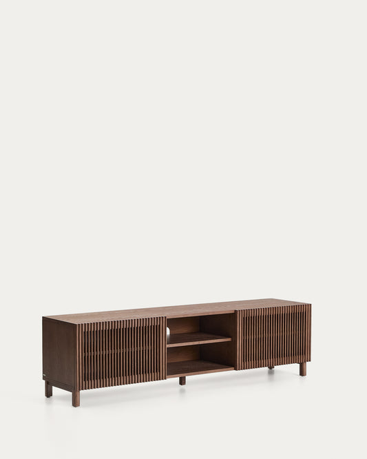 Meuble TV Beyla à 2 portes en placage et bois massif de frêne avec finition ton noyer 180 x 49,5 cm FSC 100%
