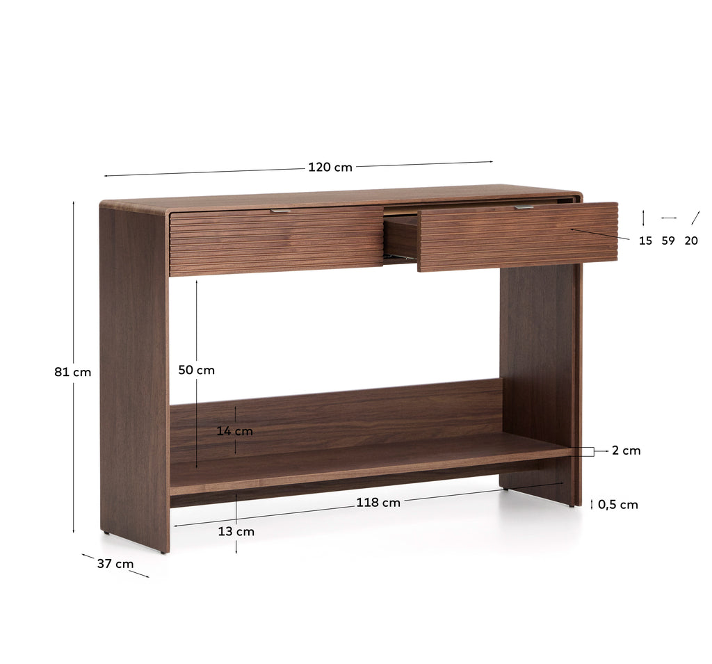 Console Norlen 2 tiroirs et étagère en placage de noyer FSC Mix Credit 120 x 81 cm