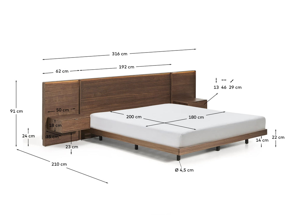 Lit Norlen avec 2 tables de nuit en placage de noyer avec finition foncée et lumière LED pour matelas 180 x 200 cm FSC Mix Credit