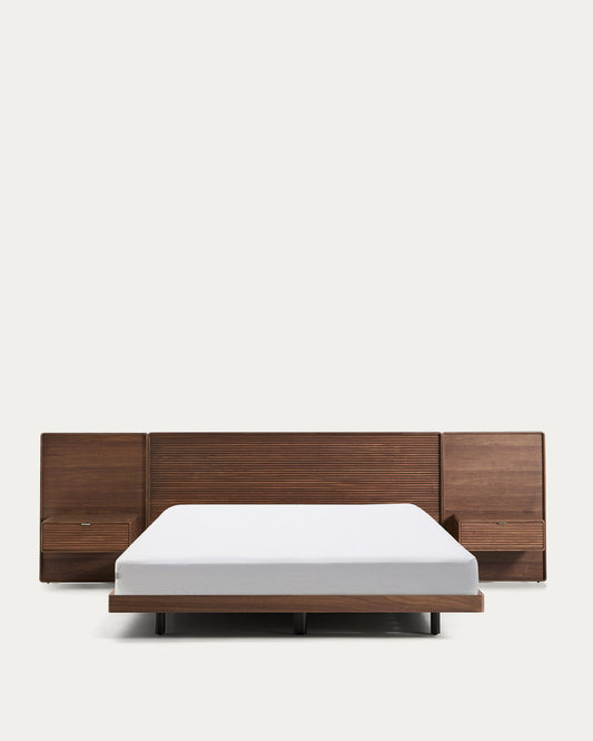 Lit Norlen avec 2 tables de nuit en placage de noyer avec finition foncée et lumière LED pour matelas 180 x 200 cm FSC Mix Credit