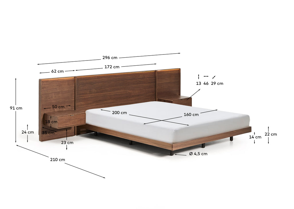 Lit Norlen avec 2 tables de nuit en placage de noyer avec finition foncée et lumière LED pour matelas 160 x 200 cm FSC Mix Credit