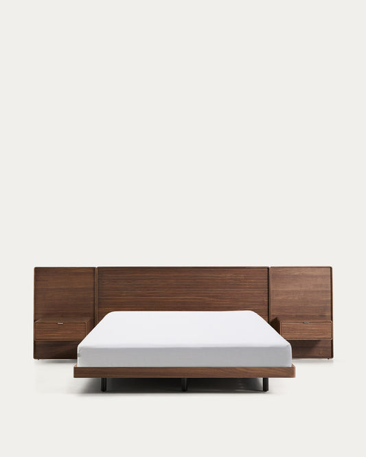 Lit Norlen avec 2 tables de nuit en placage de noyer avec finition foncée et lumière LED pour matelas 160 x 200 cm FSC Mix Credit