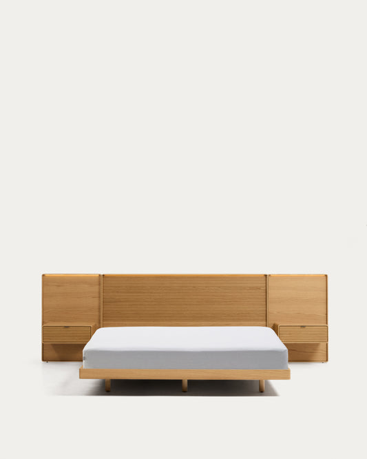 Lit Norlen avec 2 tables de nuit en placage de chêne avec finition naturelle et lumière LED pour matelas 160 x 200 cm FSC Mix Credit
