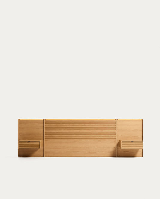 Tête de lit Norlen avec 2 tables de nuit en placage de chêne avec finition naturelle et lumière LED pour lit jusqu’à 160 cm FSC Mix Credit
