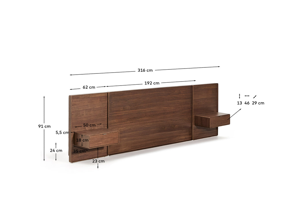 Tête de lit Norlen avec 2 tables de nuit en placage de noyer avec finition foncée et lumière LED pour lit jusqu’à 180 cm FSC Mix Credit