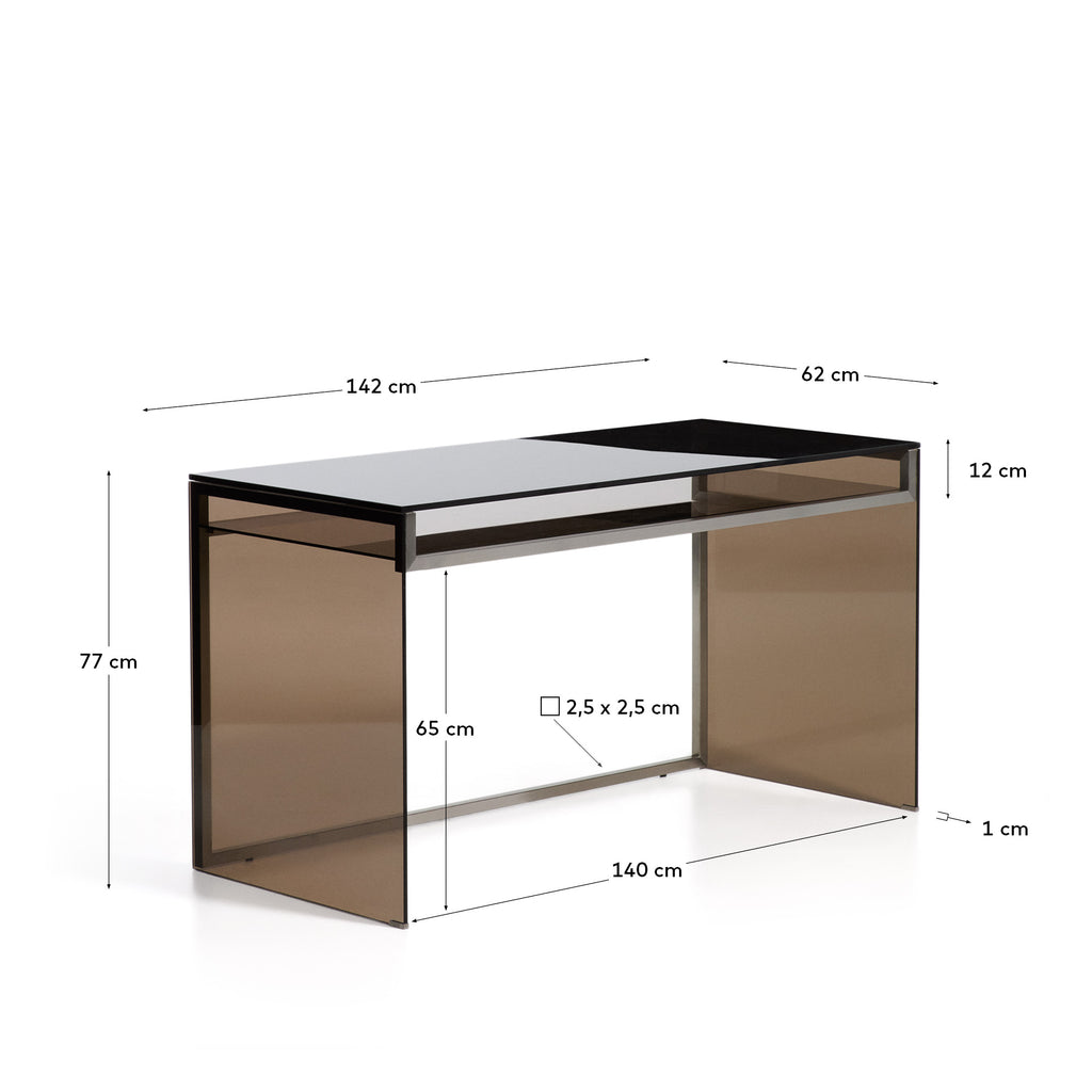 Bureau Adile en verre trempé marron et acier brossé 142 x 77 cm