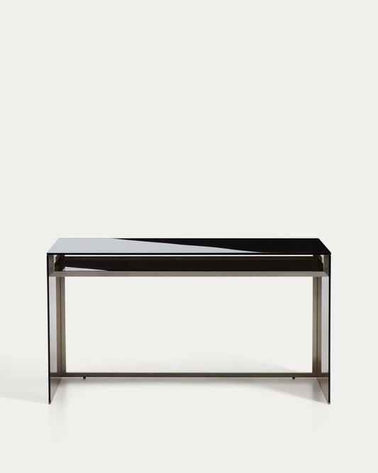 Bureau Adile en verre trempé marron et acier brossé 142 x 77 cm