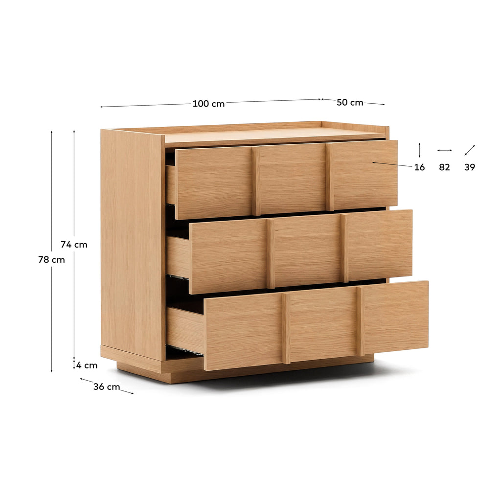 Commode Onix 3 tiroirs en placage de chêne finition ton naturel 100 x 78 cm FSC Mix Credit