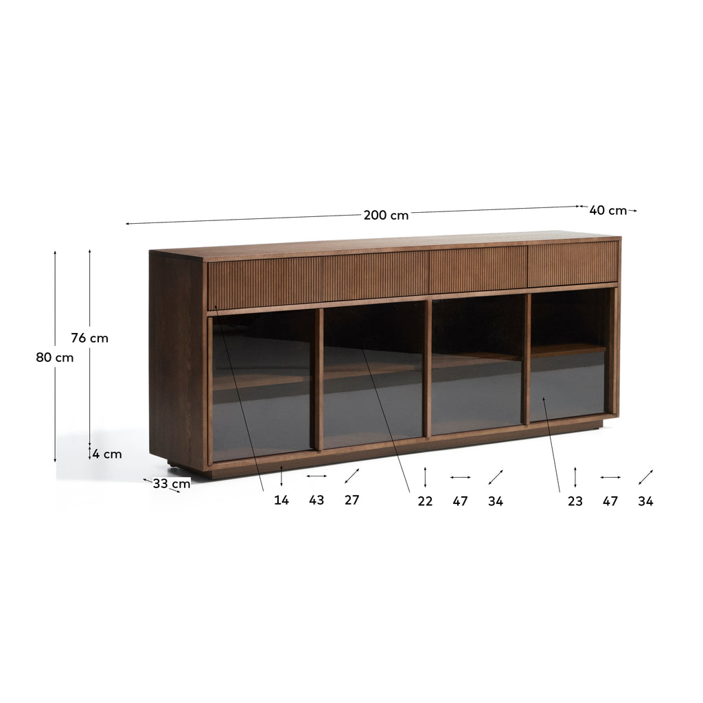 Buffet Helvine 4 portes et 4 tiroirs en placage de frêne avec finition ton noyer et verre trempé 200 x 80 cm FSC 100 %