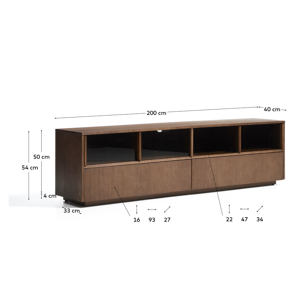 Meuble TV Helvine avec 4 portes et 2 tiroirs en placage de frêne finition ton noyer et verre trempé 200 x 54 cm FSC 100 %