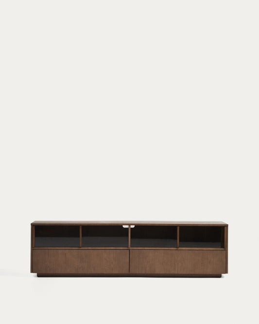 Meuble TV Helvine avec 4 portes et 2 tiroirs en placage de frêne finition ton noyer et verre trempé 200 x 54 cm FSC 100 %