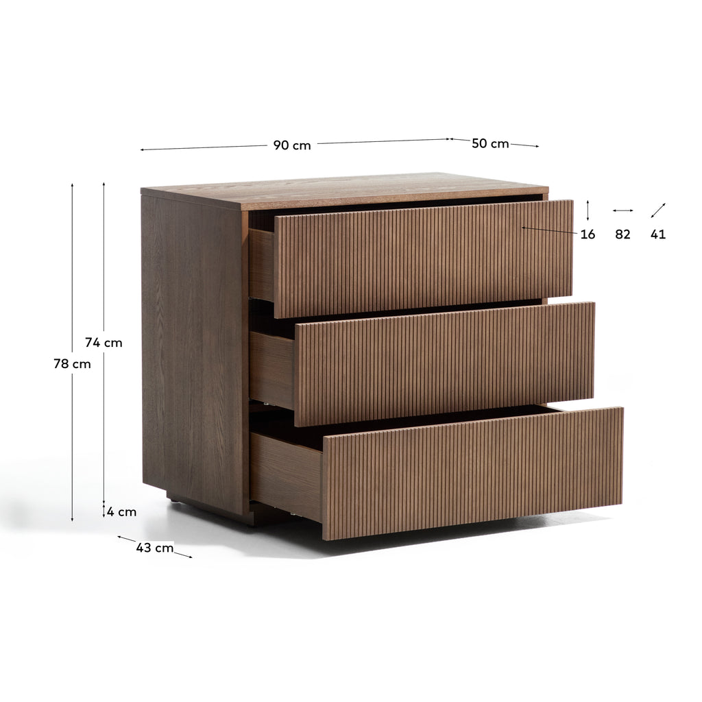 Commode Helvine à 3 tiroirs en placage de frêne avec finition ton noyer 90 x 78 cm FSC 100 %