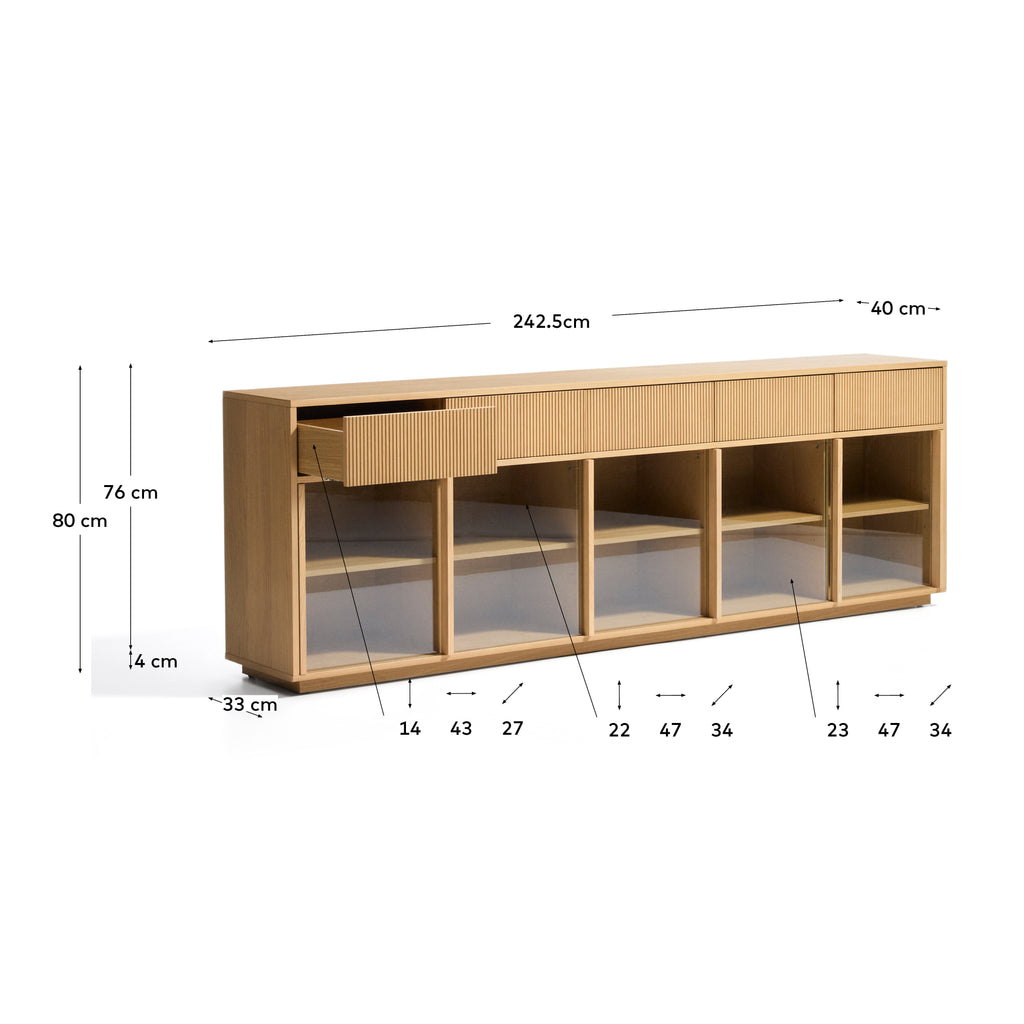 Buffet Helvine 5 portes et 5 tiroirs en placage de chêne et verre trempé 242 x 80 cm FSC 100 %