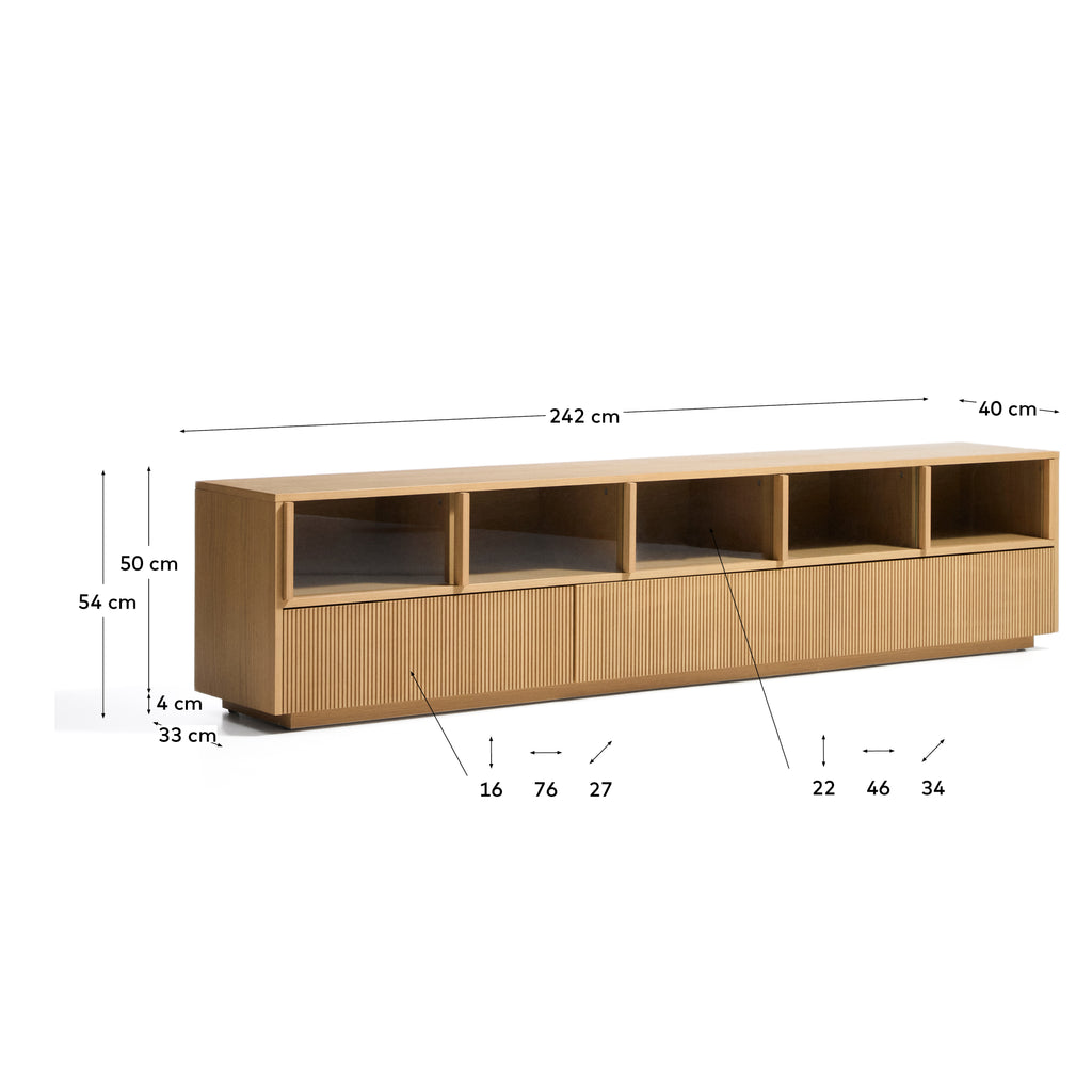 Meuble TV Helvine 5 portes et 3 tiroirs en placage de chêne et verre trempé 242 x 53,5 cm FSC 100 %