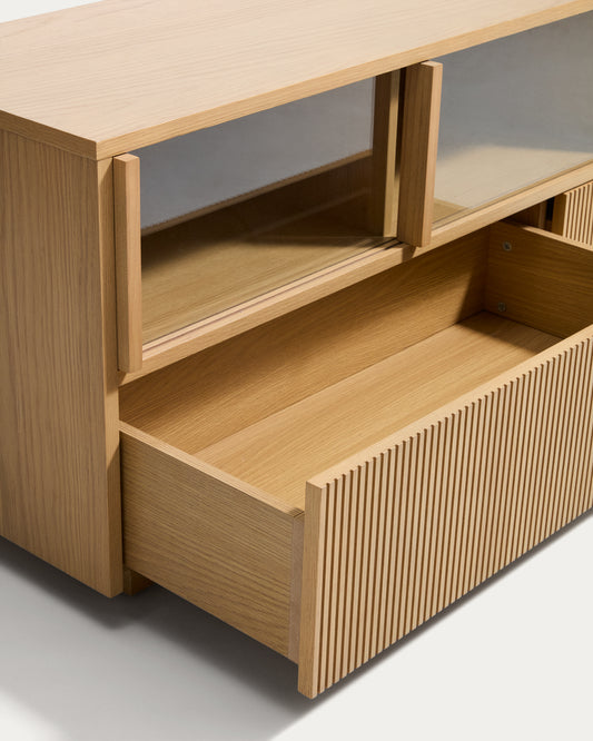 Meuble TV Helvine 5 portes et 3 tiroirs en placage de chêne et verre trempé 242 x 53,5 cm FSC 100 %