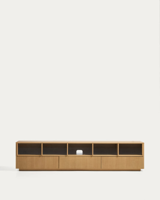 Meuble TV Helvine 5 portes et 3 tiroirs en placage de chêne et verre trempé 242 x 53,5 cm FSC 100 %