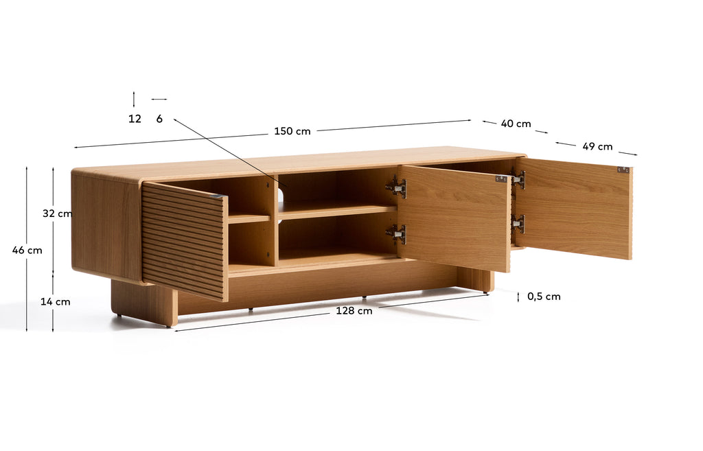 Meuble TV Norlen 3 portes en placage de chêne avec finition naturelle FSC Mix Credit 150 x 40 cm