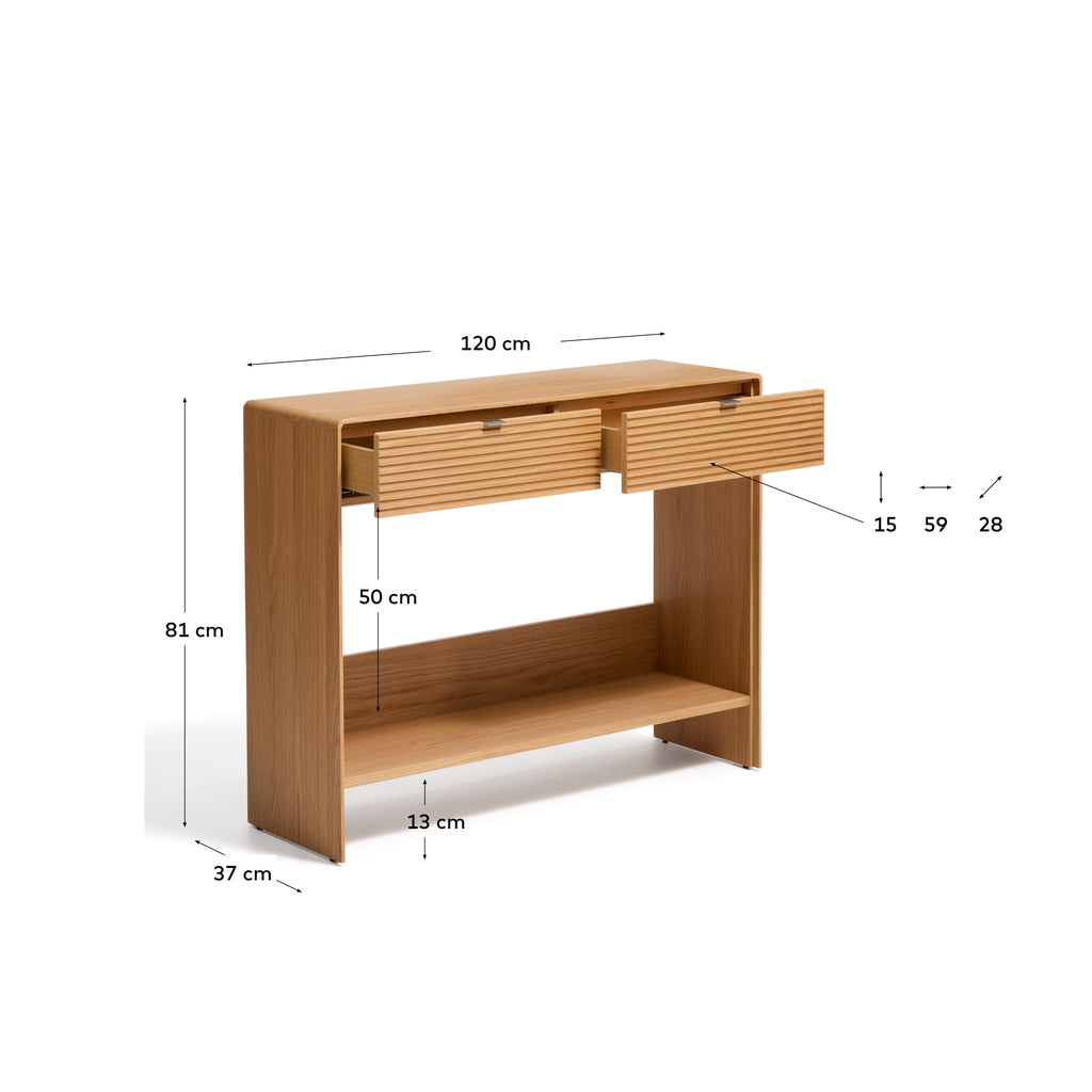 Console Norlen 2 tiroirs et 1 étagère en placage de chêne avec finition naturelle FSC Mix Credit 120 x 81 cm
