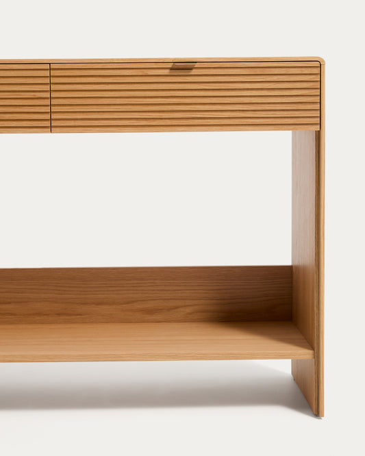 Console Norlen 2 tiroirs et 1 étagère en placage de chêne avec finition naturelle FSC Mix Credit 120 x 81 cm