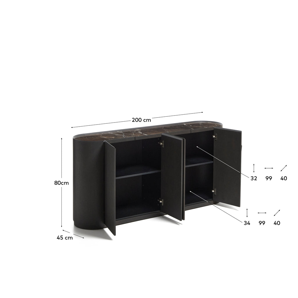 Buffet Nemore 4 portes en placage de chêne et plateau en céramique avec effet marbre Emperador FSC Mix Credit 200 x 45 cm