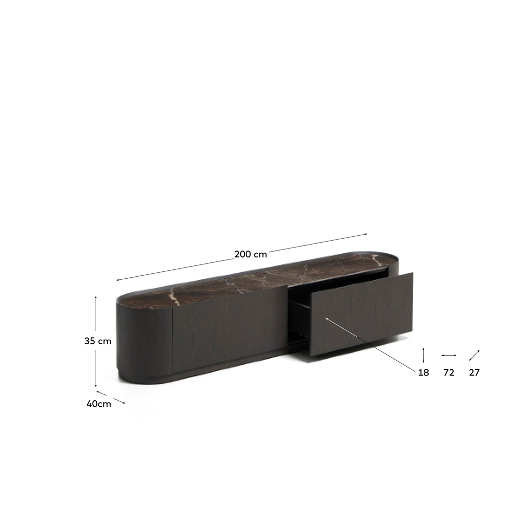 Meuble TV Nemore 2 tiroirs en placage de chêne et plateau en céramique avec effet marbre Emperador FSC Mix Credit 200 x 35 cm