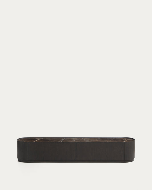 Meuble TV Nemore 2 tiroirs en placage de chêne et plateau en céramique avec effet marbre Emperador FSC Mix Credit 200 x 35 cm