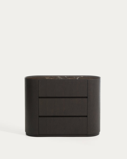 Commode Nemore 3 tiroirs en placage de chêne et plateau en céramique avec effet marbre Emperador FSC Mix Credit 120 x 45 cm