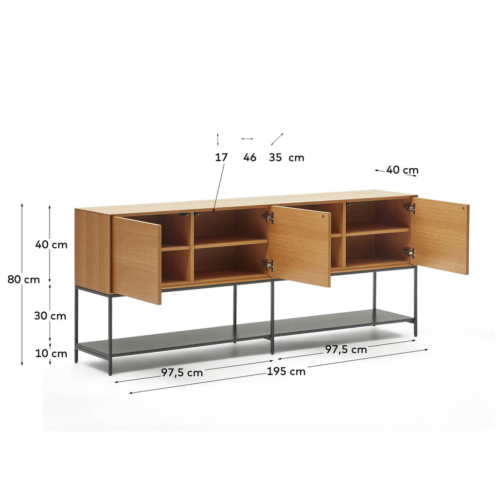 Buffet Vedrana 3 portes placage de chêne et pieds en acier noir 195 x 80 cm