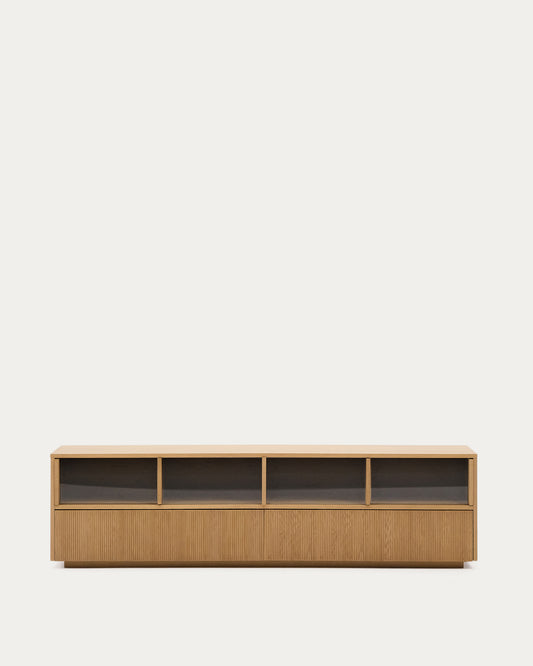 Meuble TV Helvine 4 portes et 2 tiroirs placage de chêne et verre trempé 200 x 54 cm FSC 100 %