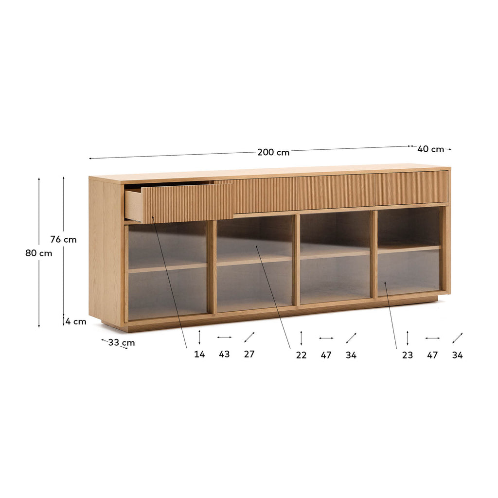 Buffet Helvine 4 portes et 4 tiroirs placage de chêne et verre trempé 200 x 80 cm FSC 100 %