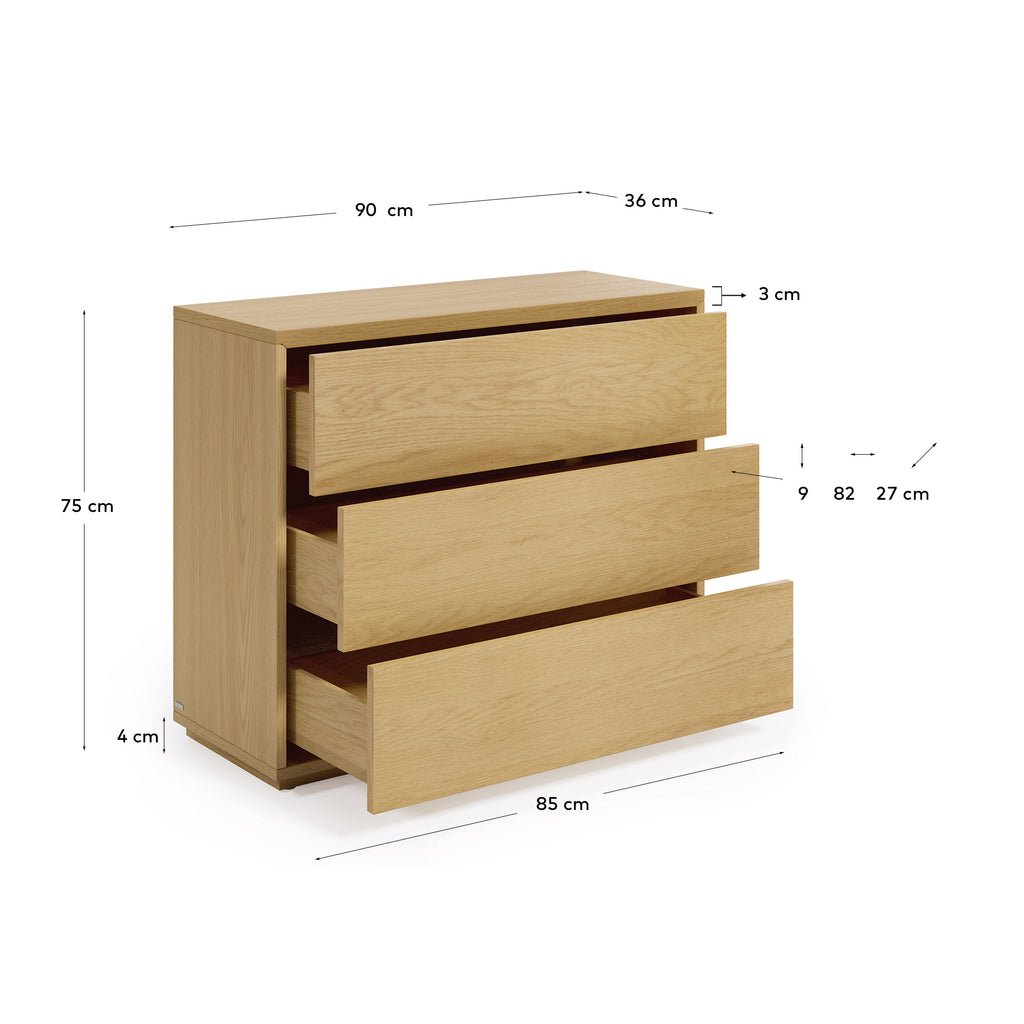 Commode Abilen 3 tiroirs en placage de chêne 90 x 75 cm FSC 100%