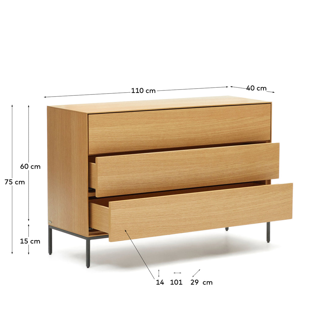 Commode Vedrana 3 tiroirs placage de chêne et pieds en acier noir 110 x 75 cm