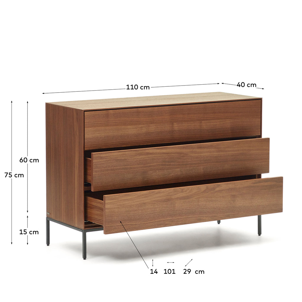 Commode Vedrana 3 tiroirs placage de noyer et pieds en acier noir 110 x 75 cm