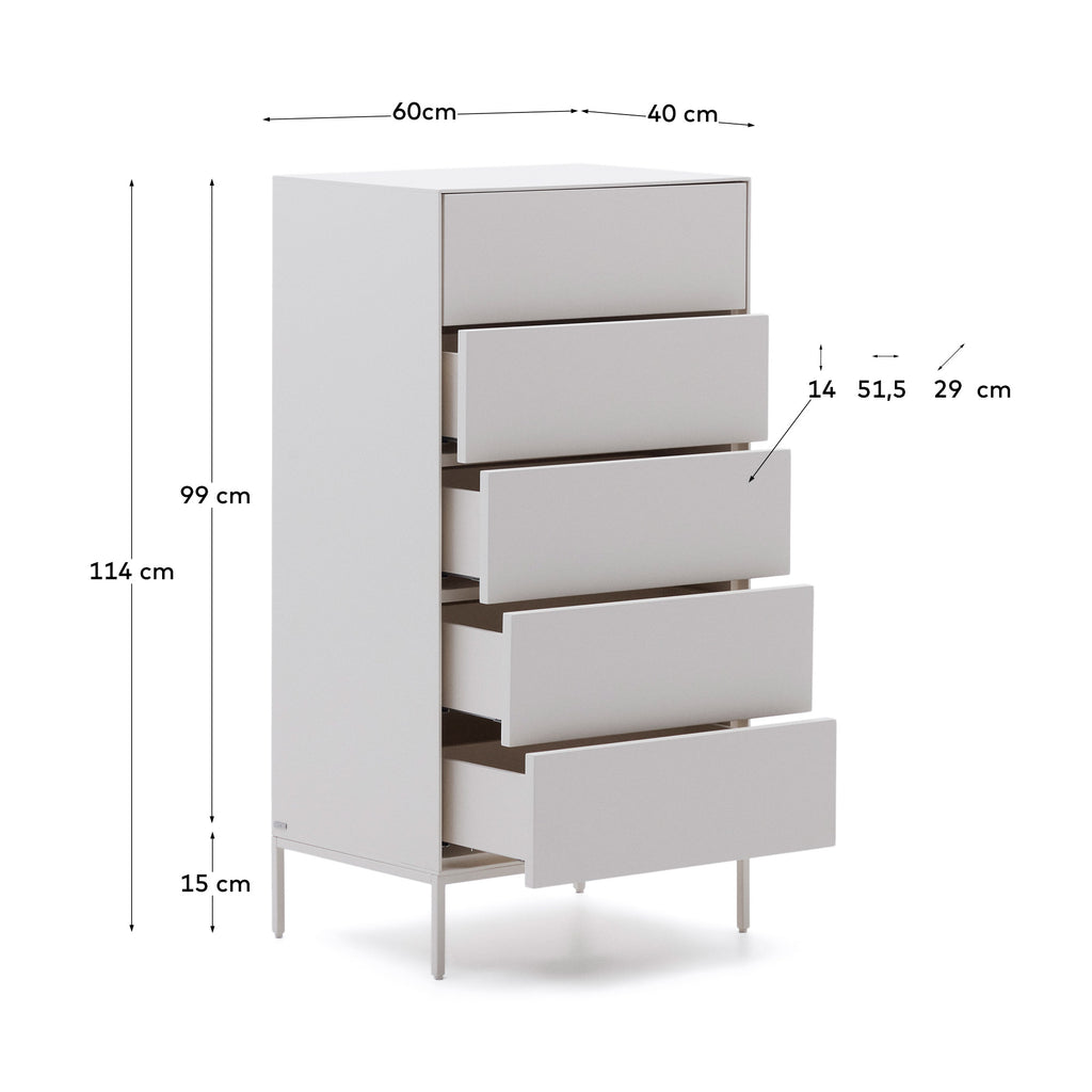Commode Vedrana 5 tiroirs DM laqué blanc 60 x 114 cm