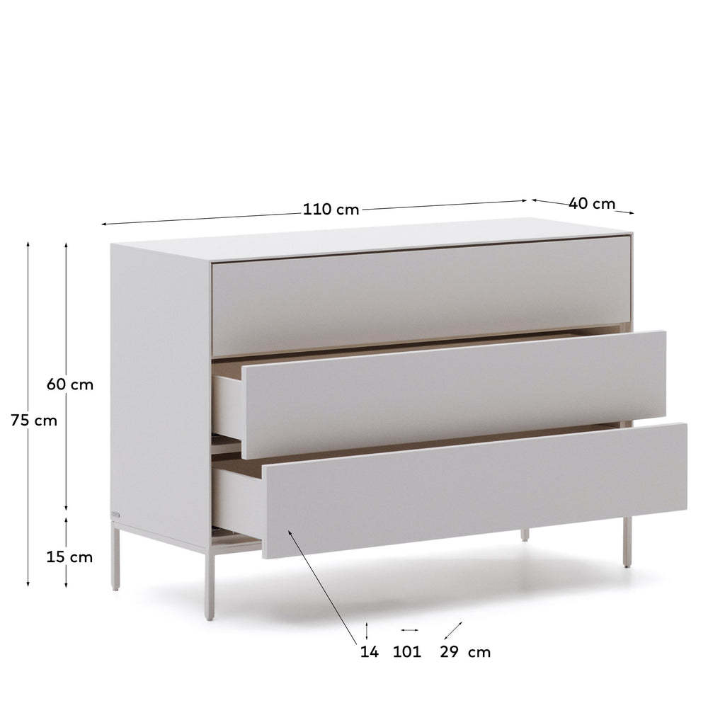 Commode Vedrana 3 tiroirs DM laqué blanc 110 x 75 cm