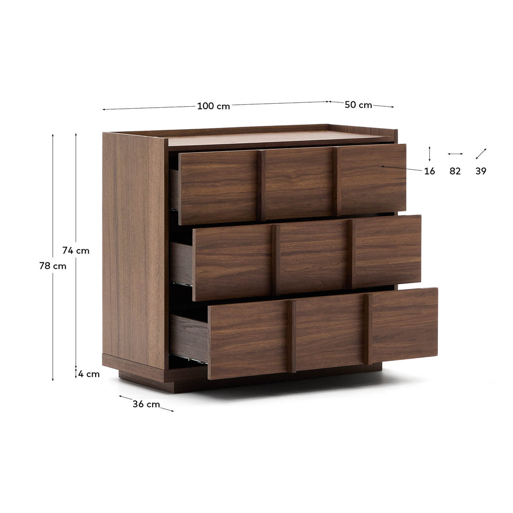 Commode Onix 3 tiroirs en placage de noyer finition foncée 100 x 78 cm FSC Mix Credit