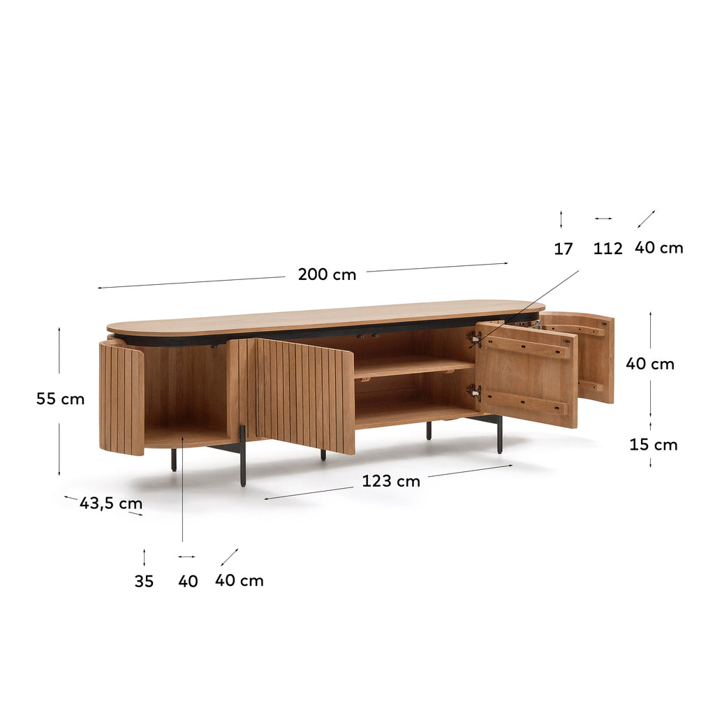 Meuble TV Licia 4 portes en bois de manguier et métal peint en noir 200 x 55 cm