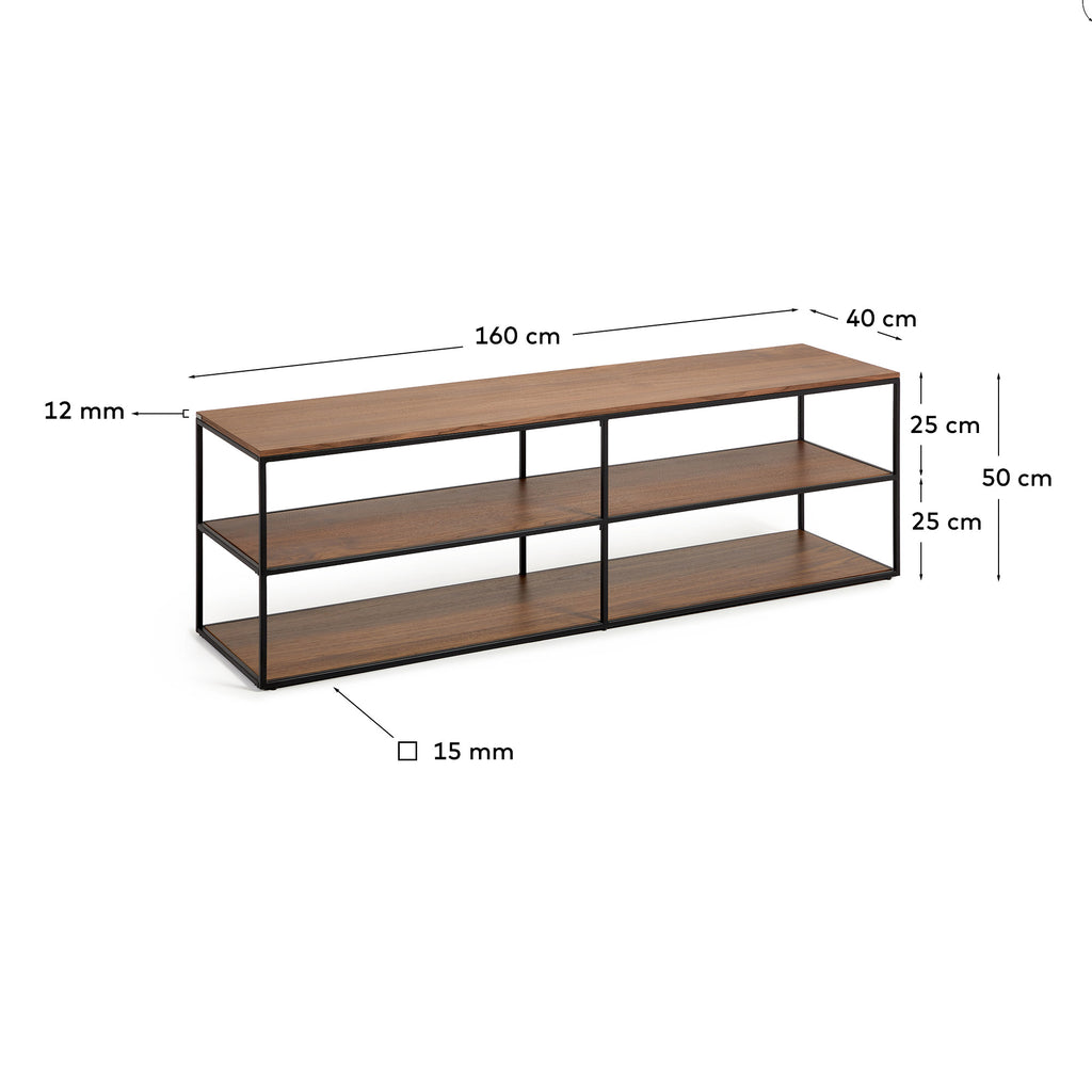Meuble TV Yoana en placage de noyer et structure en métal noir 160 x 40 cm
